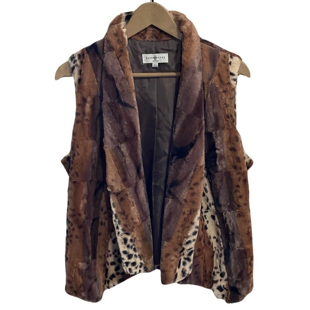 Kate & Rosy Faux Fur Vest Size Petite Large Mixed Brown Open Drape Front Lined